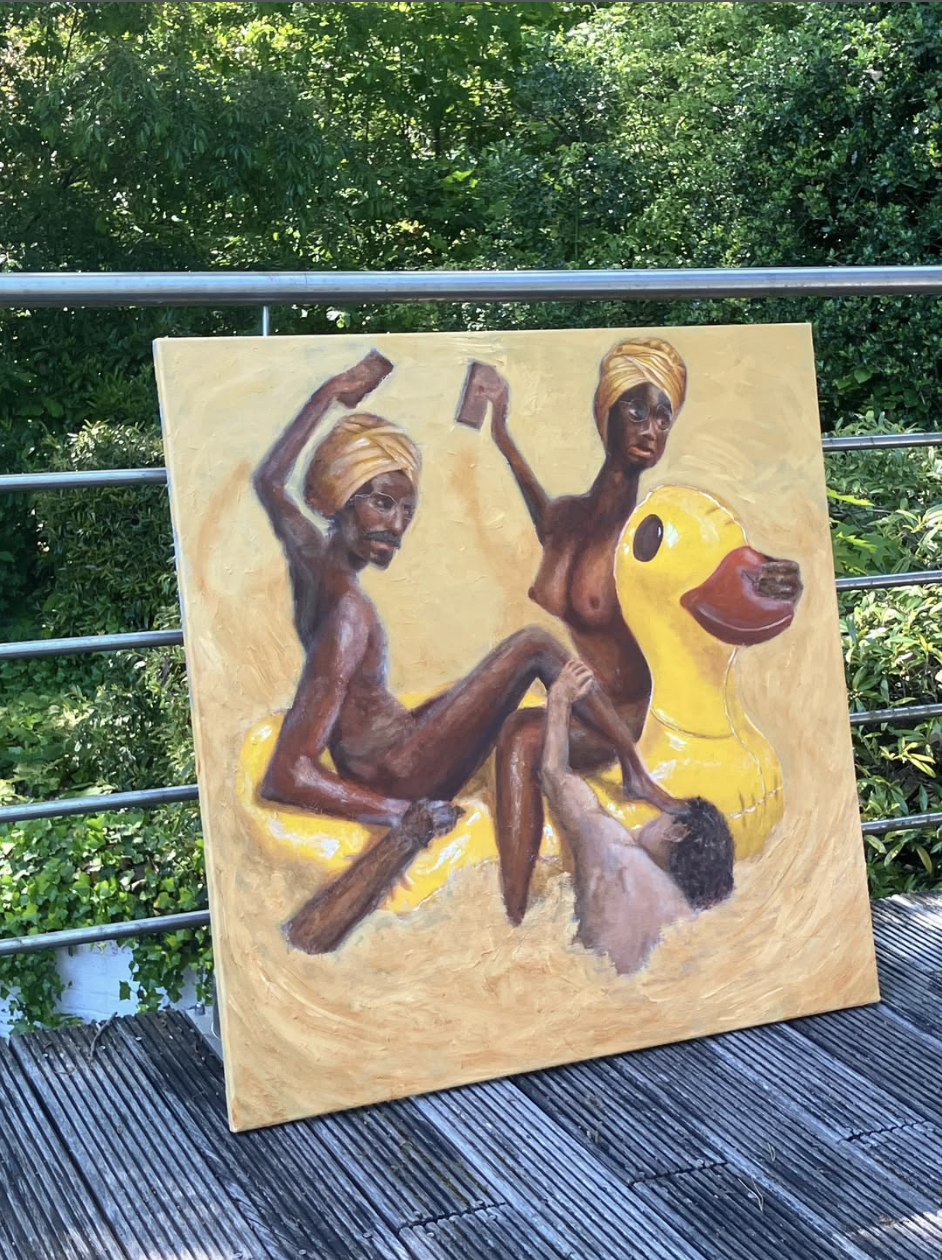 classically glazed oil painting of a nautical tragedy on a stormy golden sea with duck and characters throwing stones